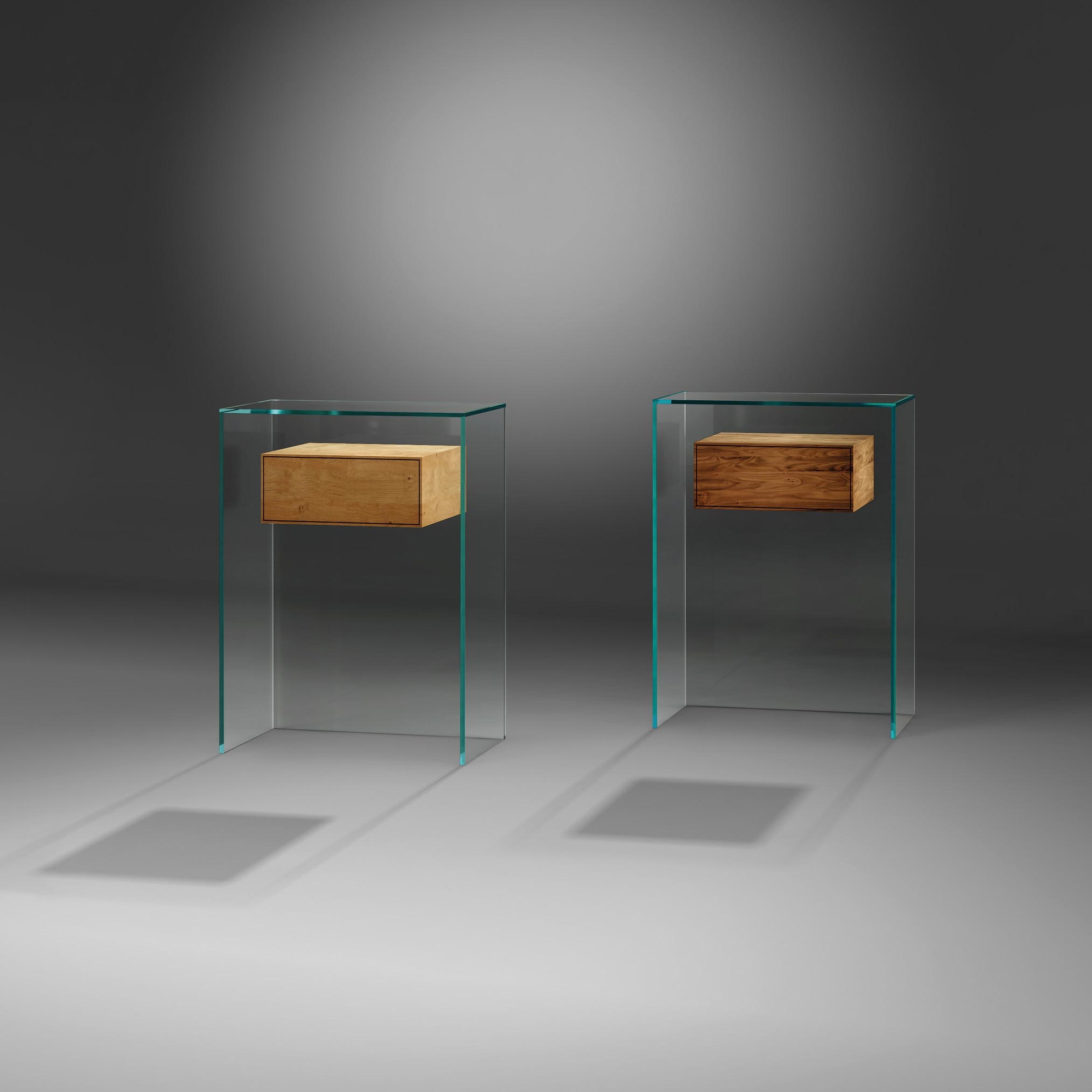 Glass console table FLY 56 by DREIECK DESIGN - OPTIWHITE - drawer element solid wood oak + walnut