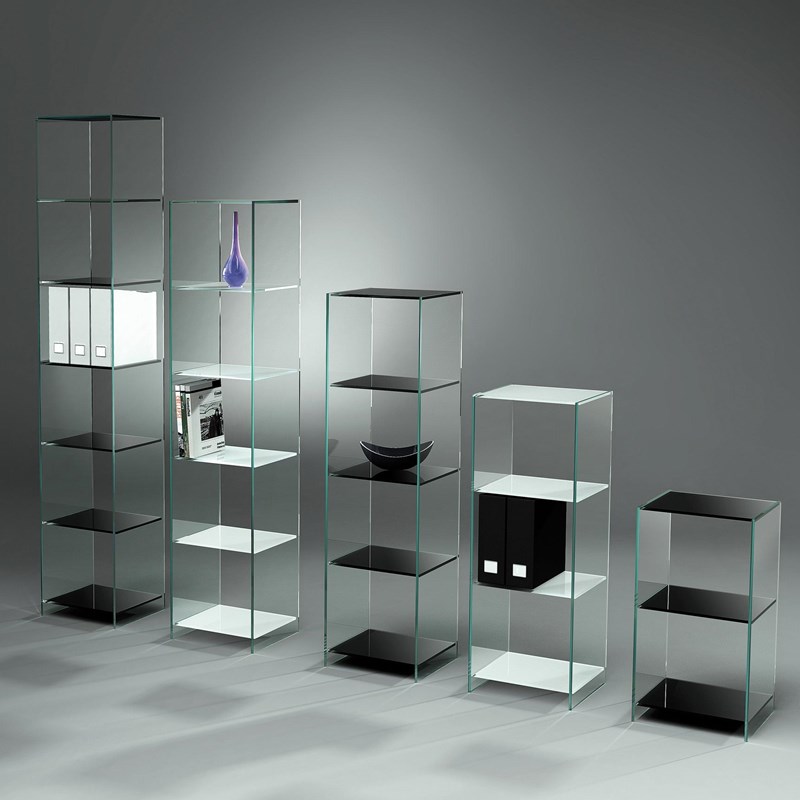 Glass shelves TOURELLE office by DREIECK DESIGN: TO V + To IV + To III + To II + To I - OPTIWHITE color jet black / pure white