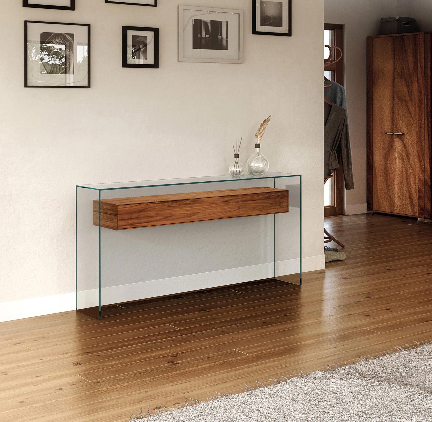 Glass console table with drawers FLY 127 by DREIECK DESIGN - OPTIWHITE - drawer element solid wood walnut