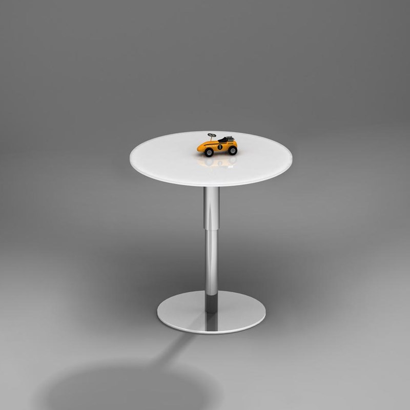 Height adjustable glass coffee table SLIDE by DREIECK DESIGN: SLIDE 50 - OPTIWHITE color pure white - base glossy chromed