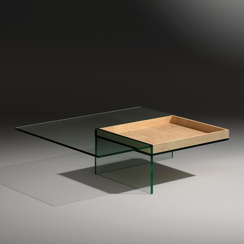 Glass cocktail table SERVA by DREIECK DESIGN: SERVA 97 - floatglass - tray oak