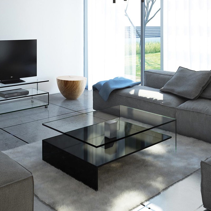 Glass coffee table NUO by DREIECK DESIGN: NUO 27 - FLOATGLASS - lower angle color jet black - middle column stainless steel brushed