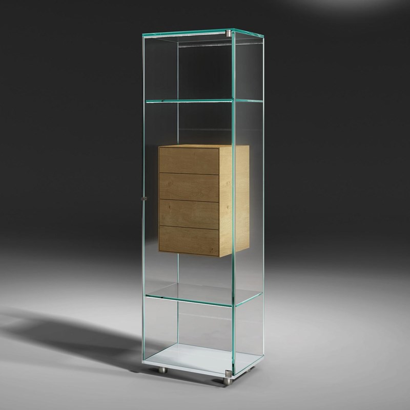Glass cabinet SOLUS FLY by DREIECK DESIGN: Optiwhite clear - drawer element solid wood oak - with LED lighting