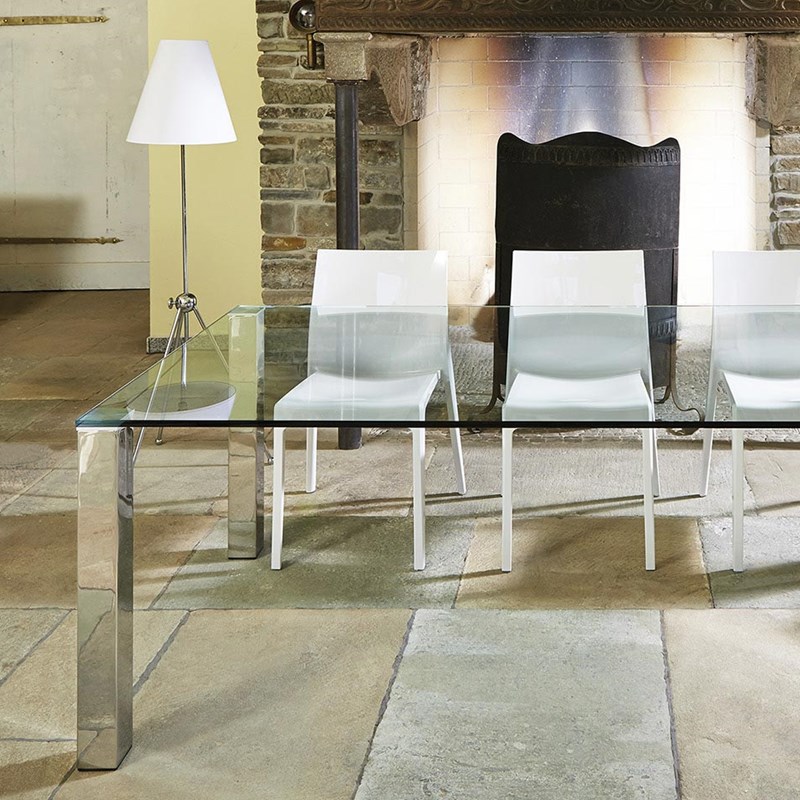 Glass dining table QUADRO magnum by DREIECK DESIGN: QM 2072 - FLOATGLASS clear - table feet stainless steel polished