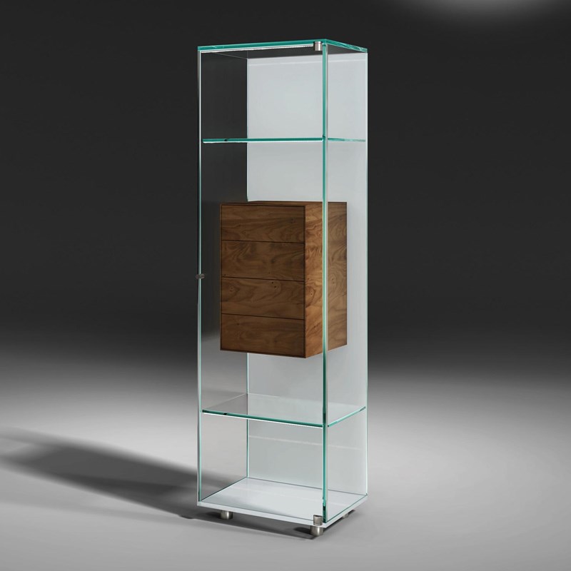 Glass cabinet SOLUS FLY by DREIECK DESIGN: Optiwhite clear - drawer element solid wood walnut (drawers inside oak) - with LED lighting