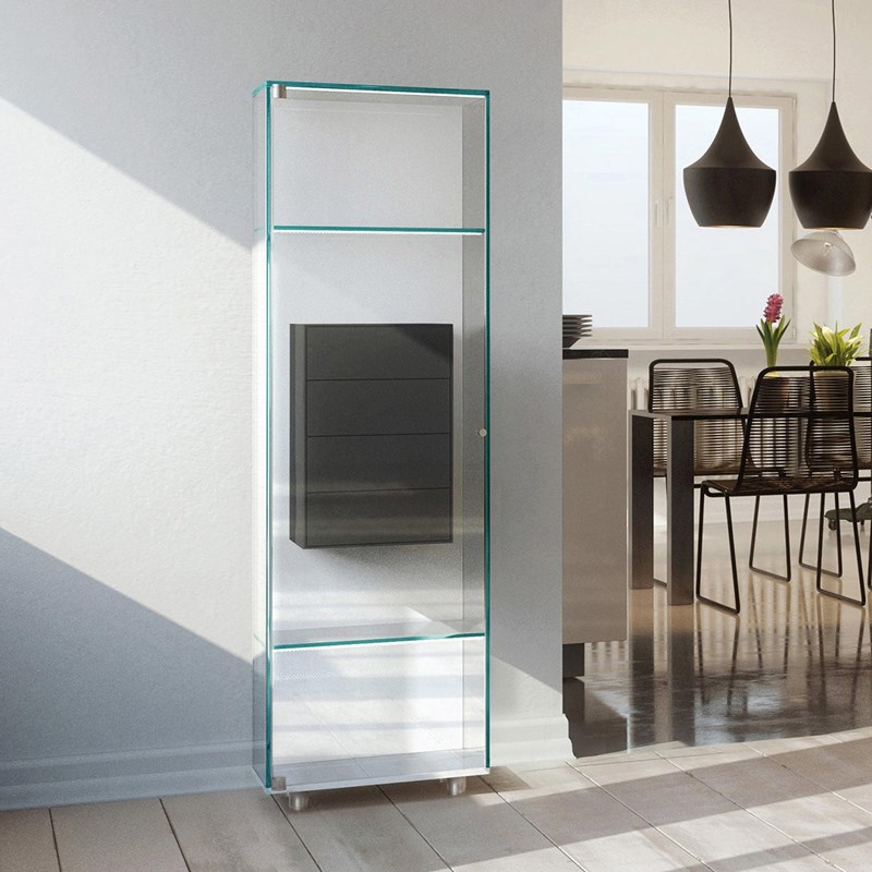 Glass cabinet SOLUS FLY by DREIECK DESIGN: Optiwhite clear - drawer element lacquered anthracite grey - with LED lighting